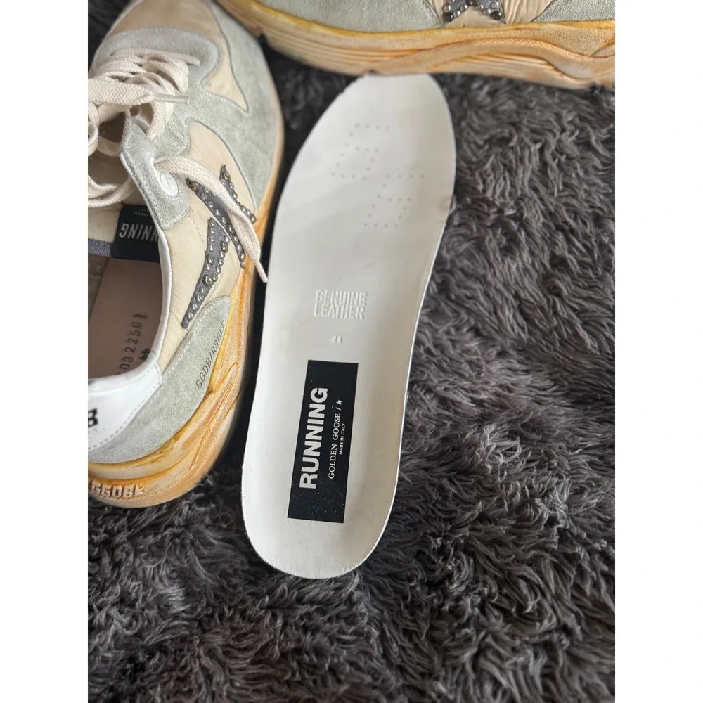 Golden Goose Running Sole Sneakers Studded Star Grey Suede Cream Mens IT 43